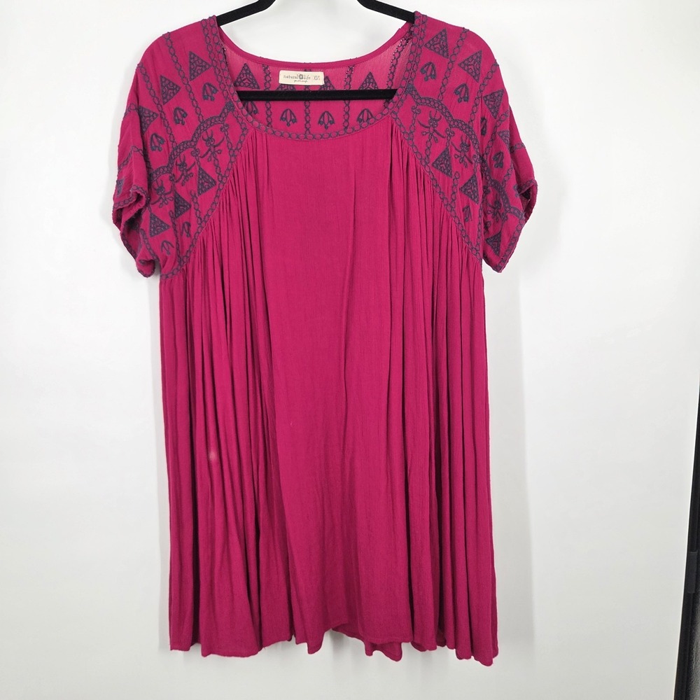 Natural Life Womens Pink Embroidered Boho Tunic Top Short Sleeve SZ XS/S Fuchsia